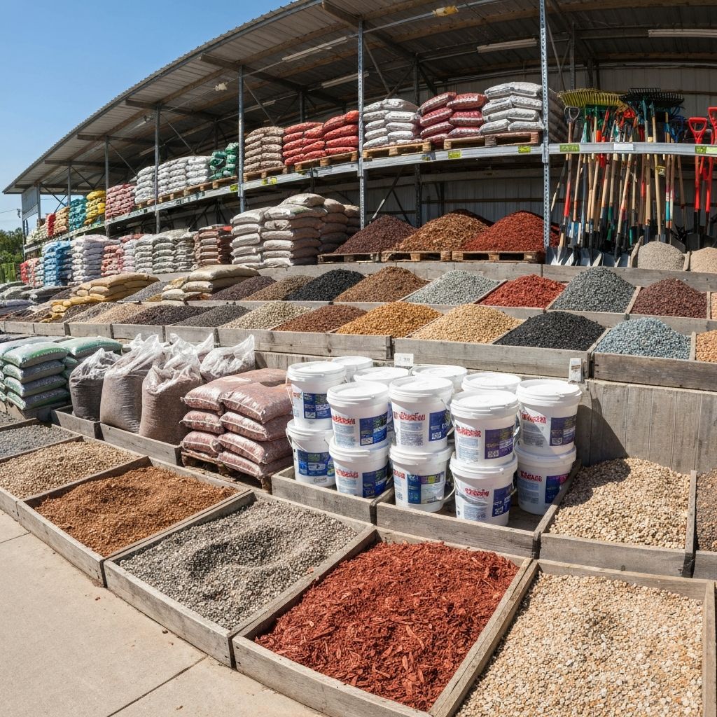 Bags of garden soil, mulch and landscaping supplies stacked at a nursery