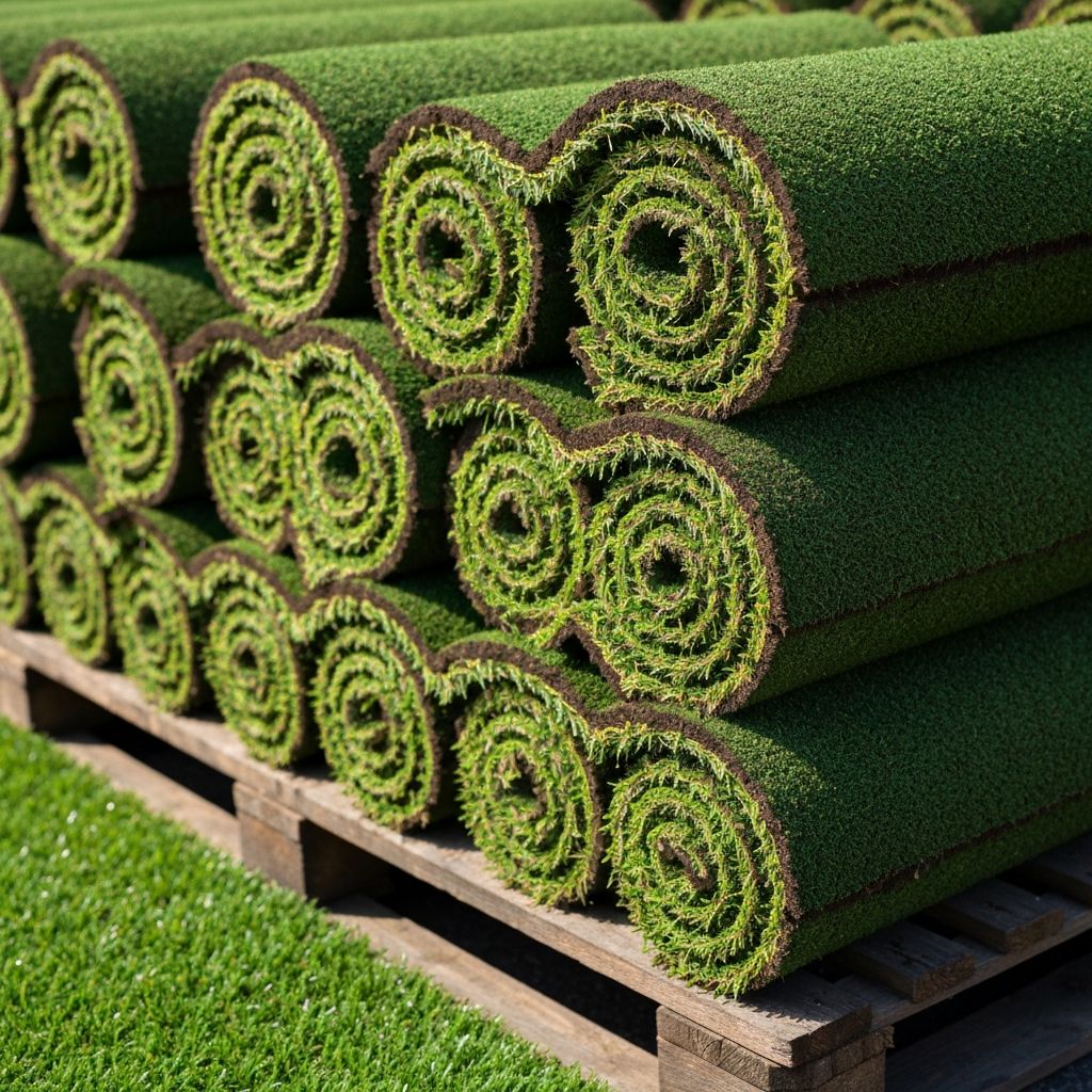 Rolls of fresh green turf sod ready for supply
